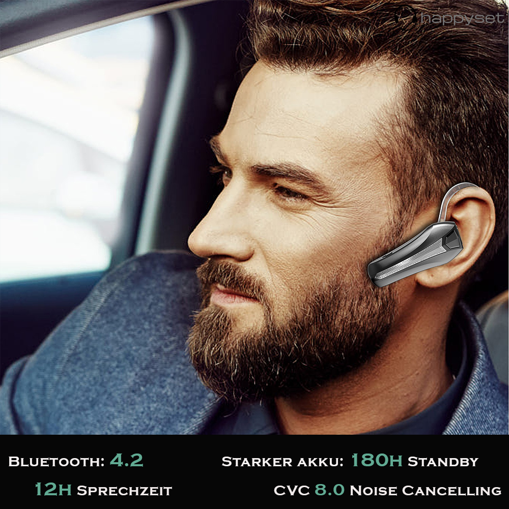 happyset Quick - Bluetooth Headset für 2 Geräte gleichzeitig Auto Taxi KFZ Handy Smartphone iPhone universal 